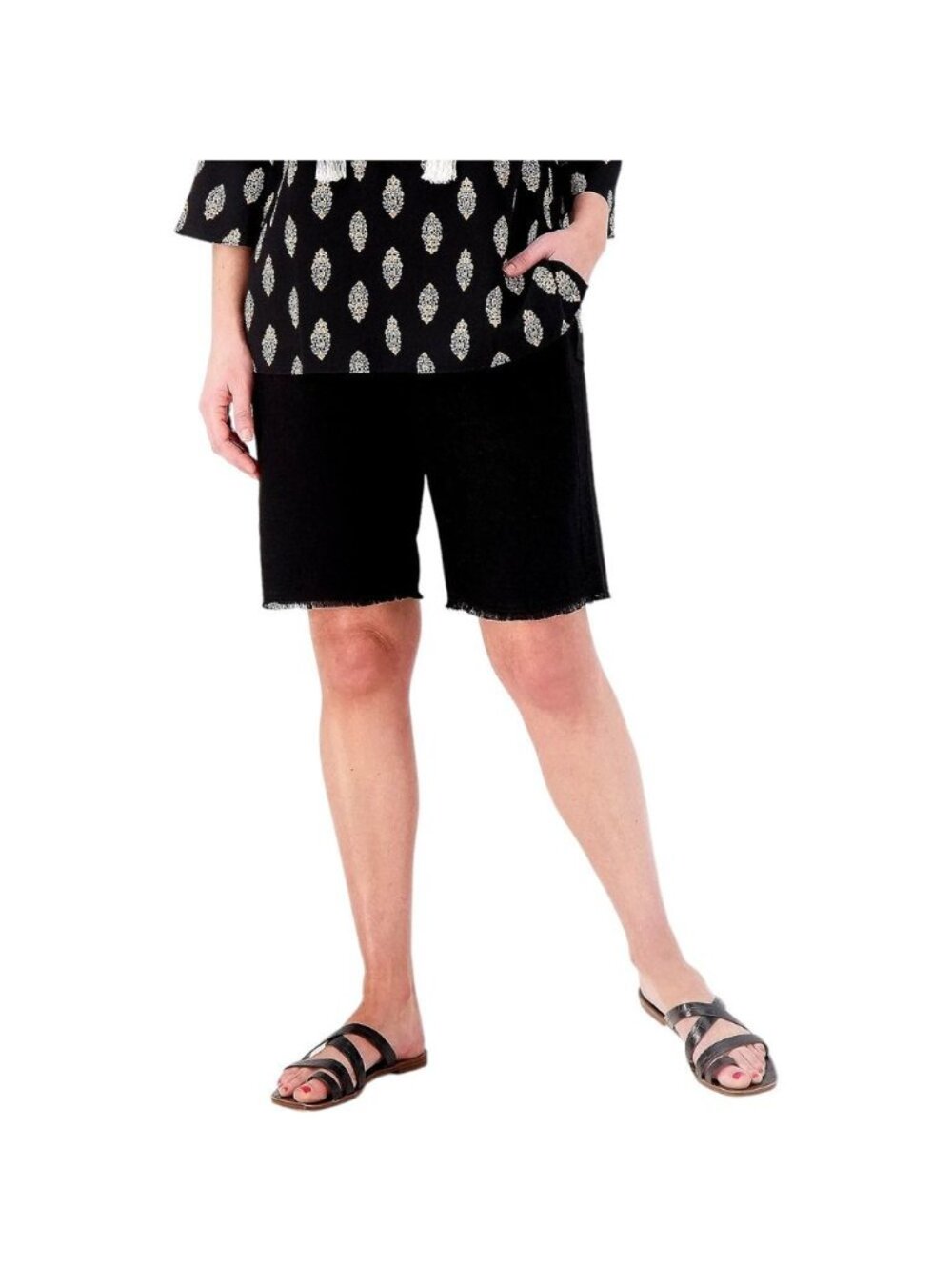 Susan Graver PURE Bermuda Shorts XS Petite Linen Blend with Frayed Hem Black NEW